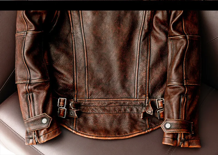 Men Genuine Leather Jacket Vintage Brown 100% Cowhide Coat Man Slim Fashion Biker Clothing Asian Size S6XL M697 Drop_autovado.com