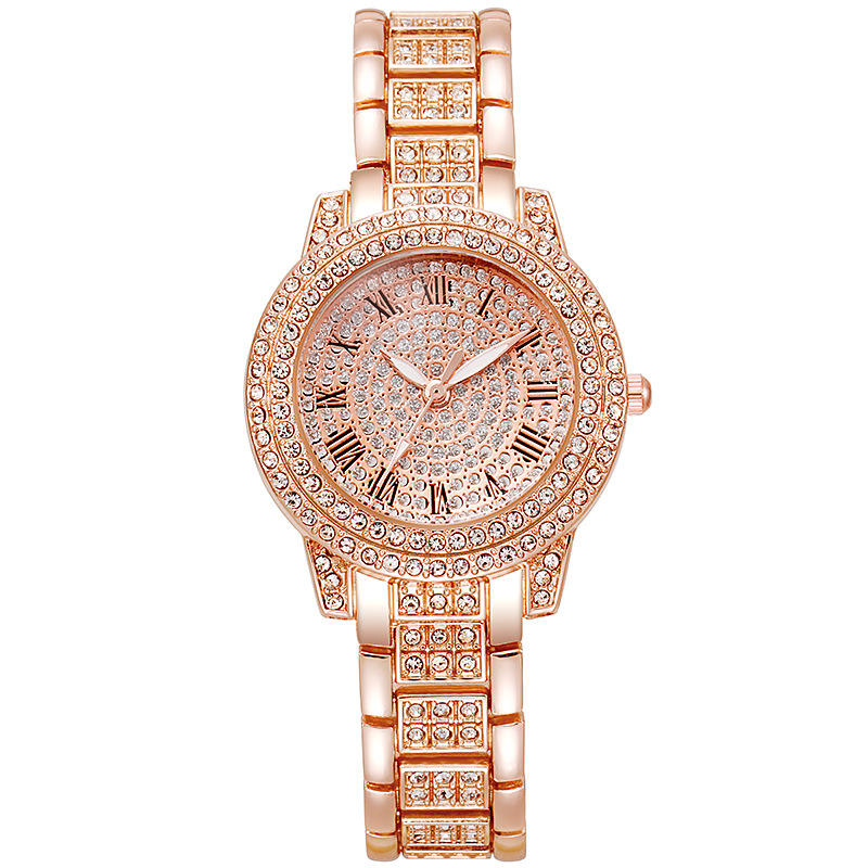 Electronic watches women's niche high-end diamond quartz watch student rose gold Roman pattern full of diamond women's watch_autovado.com