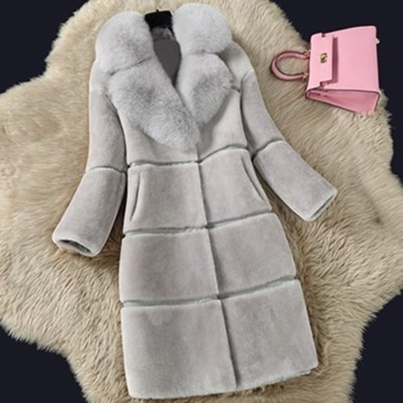 Sheepshear autumn and winter new spliced fur all-in-one mid-length imitation fox fur collar coat and fur jacket_autovado.com