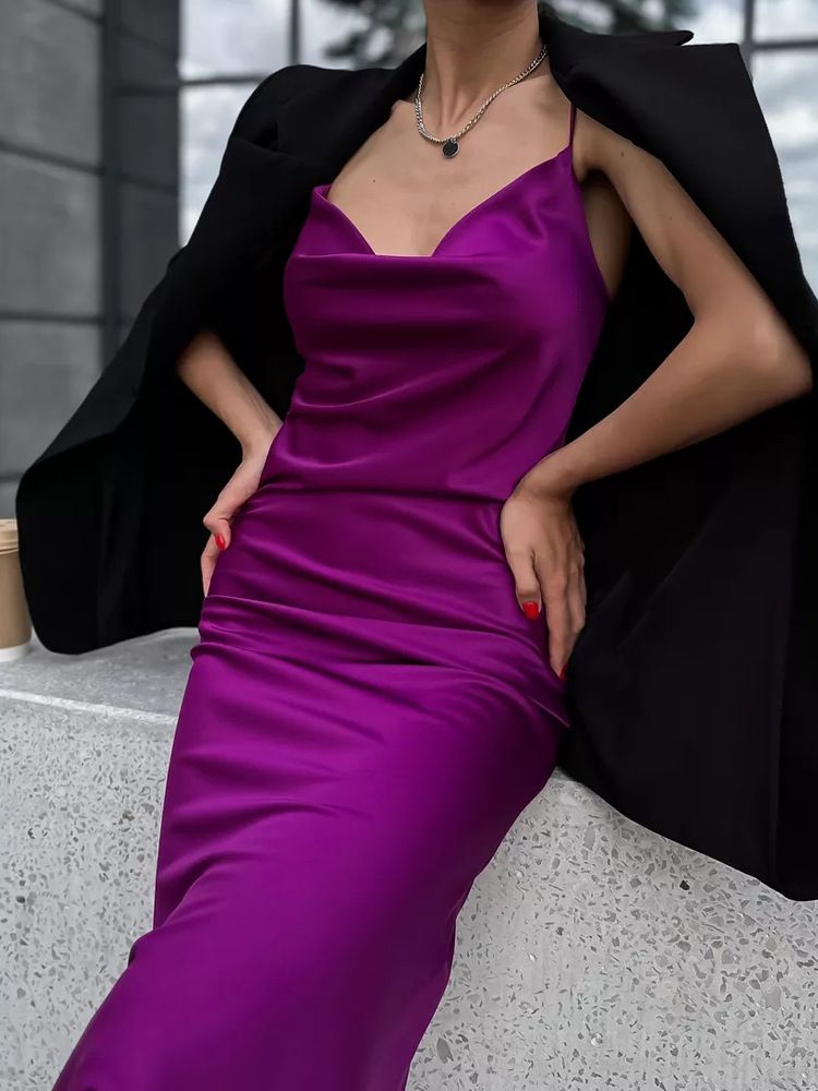Women's clothing satin dress evening gown suspenders long skirt_autovado.com