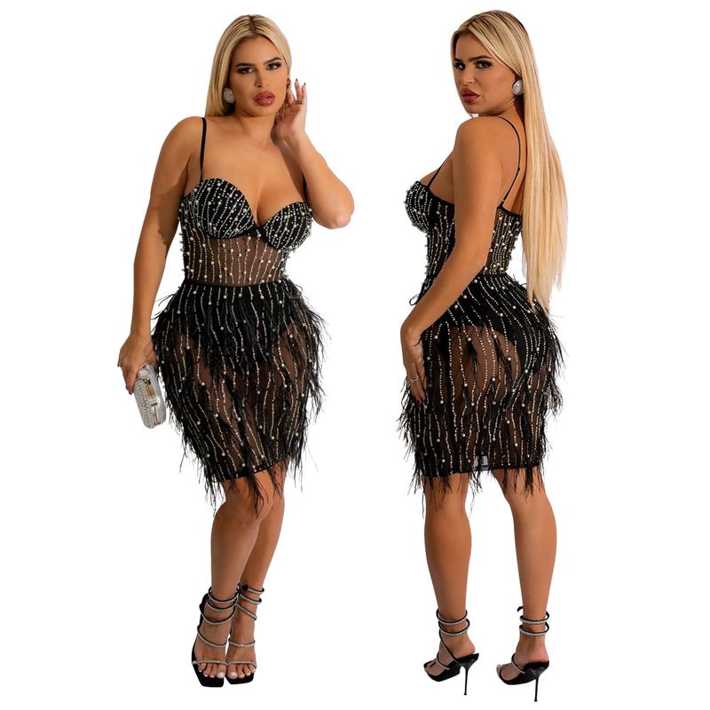 Women's Clothing sleeveless suspender hot diamond feather dress for women_autovado.com