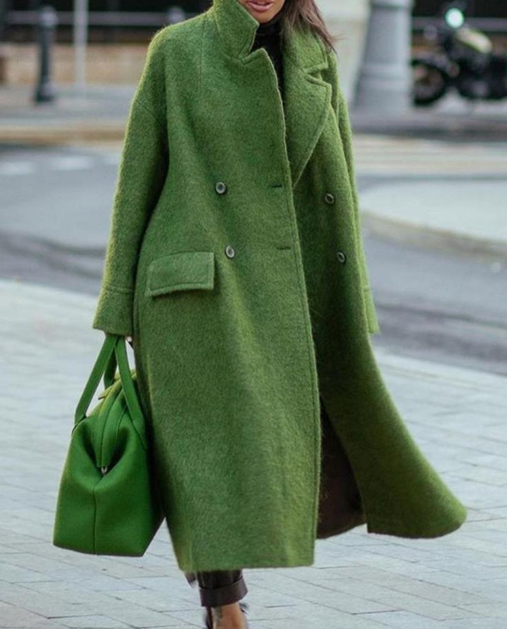 Women's solid color temperament commuting loose woolen green coat without lapels_autovado.com
