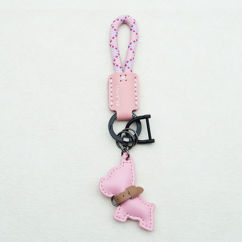 Handmade Genuine Leather Puppy Keychain Anti Lost Lanyard Pendant French Fighting Dog Car Keychain Braided Rope Keychain_autovado.com