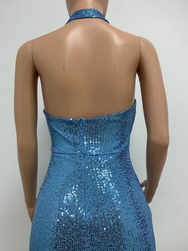 Women's slit sleeveless hot girl dress female halter neck backless sequin dress skirt_autovado.com