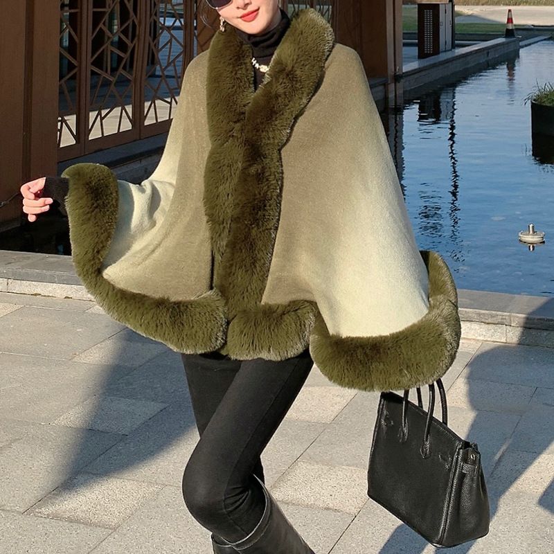 Women's Clothing New rex rabbit fur collar gradien autumn and winter shawl cape large size women's knitted cardigan jacket_autovado.com