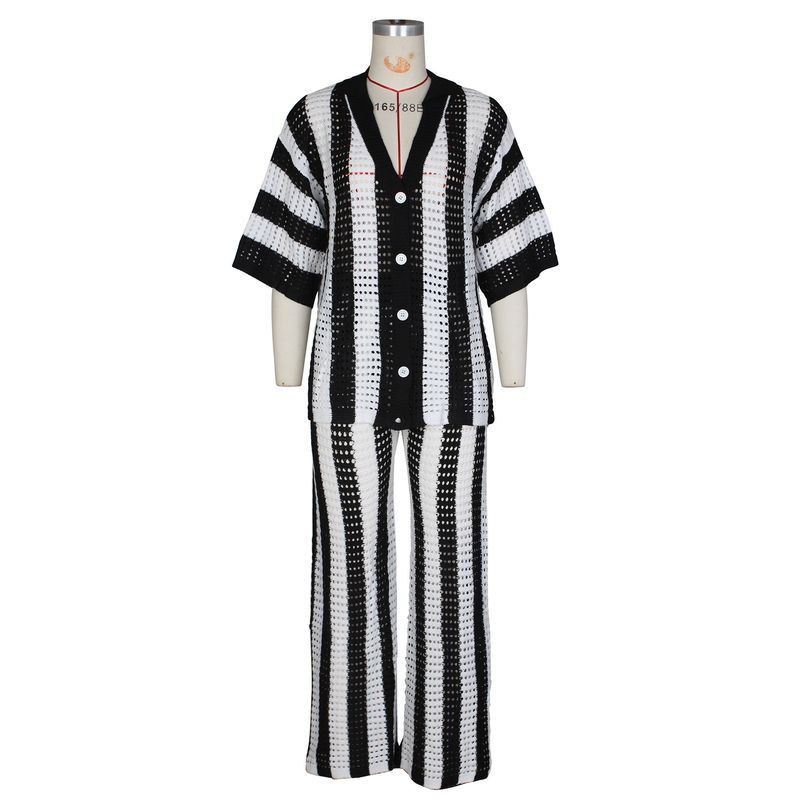 Women's Clothing sexy ladies V-neck hollow striped lapel knitted wide pants suit_autovado.com