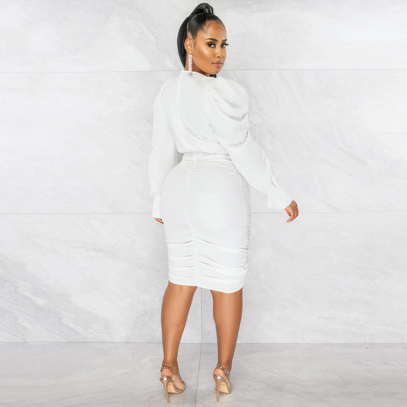 Women's Clothing fashion casual solid color long-sleeved pleated V-neck dress for women_autovado.com