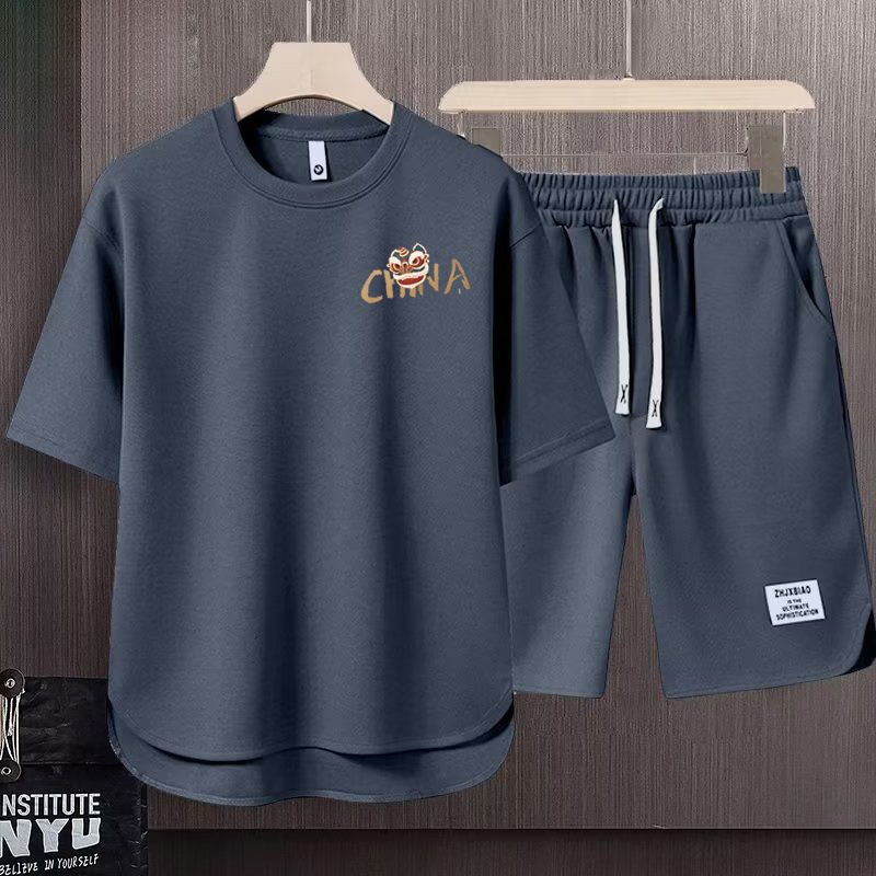Men's Clothing 2024 Waffle Casual Summer Suit Men's Loose Teen Short sleeved T shirt Shorts Handsome Two piece Suit_autovado.com