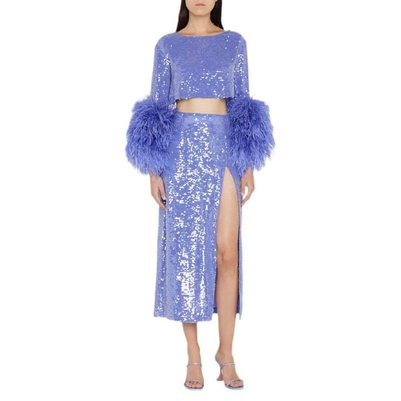 Women's new style solid color feather trim sequin short straight skirt dress_autovado.com