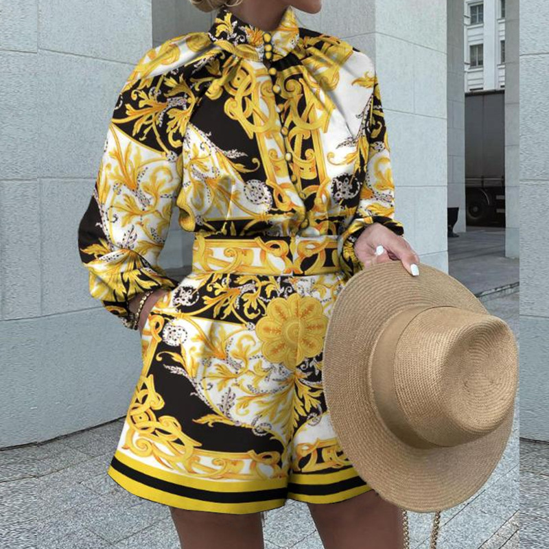 Women's printed long-sleeved blouse and shorts set two-piece_autovado.com