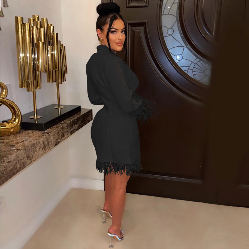 Women's fashion women's V-neck long-sleeved double-breasted tassel openwork dress_autovado.com