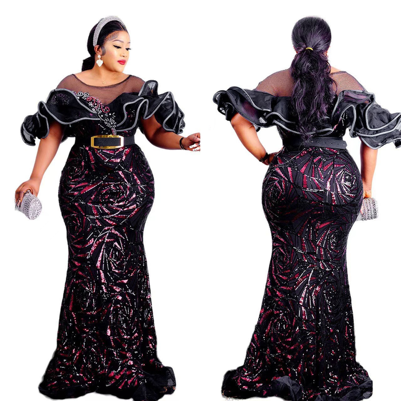 Rose-shaped Sequins Slim Mermaid Evening Dress Long Skirt One-shoulder Lotus Leaf Luxury Women's Clothing_autovado.com