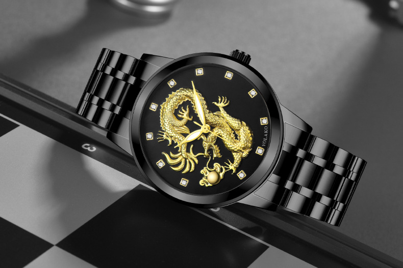 Men's Quartz Watch Men's Watch Diamond Yellow Gold Luminous Waterproof Steel Belt Relief Dragon Totem Watch_autovado.com