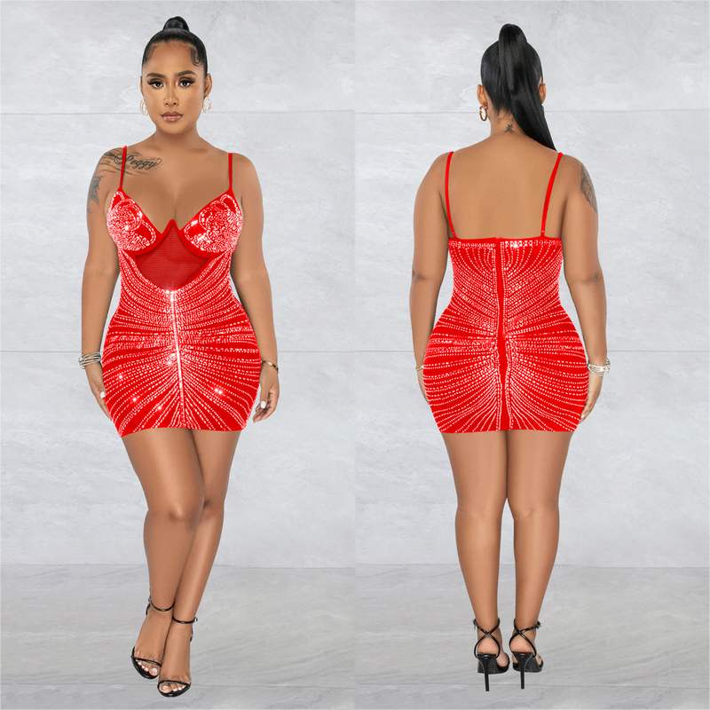 Women's hot diamond mesh suspender sleeveless short skirt dress_autovado.com