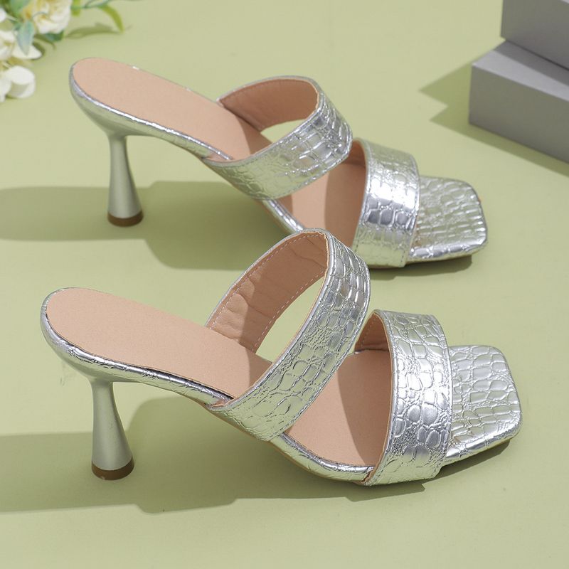 Square head solid color high heel slippers women African fashion one line sandals women Women Heels Slippers_autovado.com