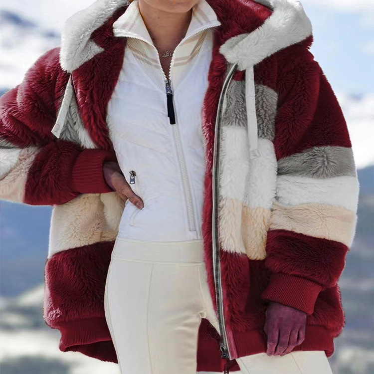 Women's Clothing autumn and winter warm plush patchwork zipper pocket hooded loose coat _autovado.com