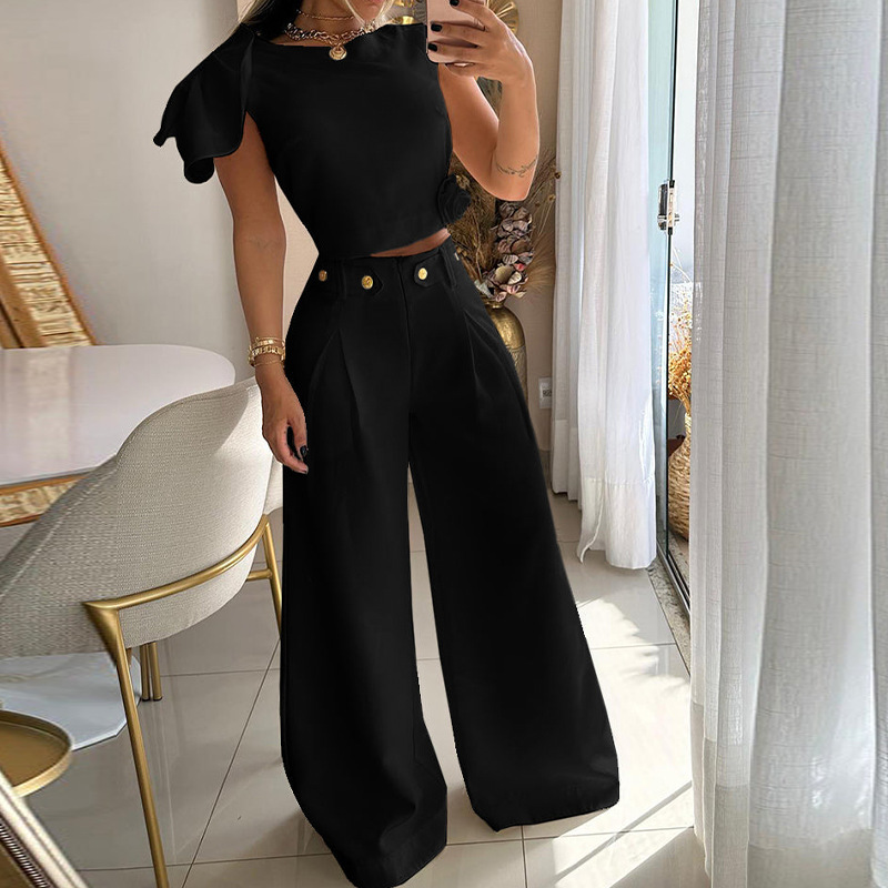 Women's Fashion Solid Color Single Room Petal Sleeve High Waist Temperament Pants Suit For Women_autovado.com