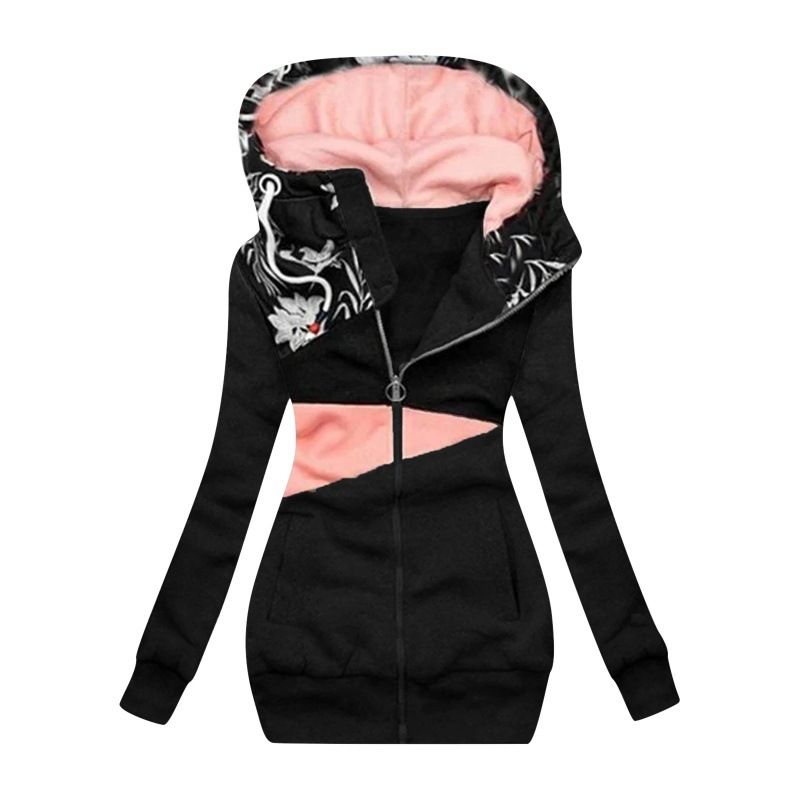 Women's Clothing women's sweatshirt zipper color matching print hooded long sleeved jacket_autovado.com