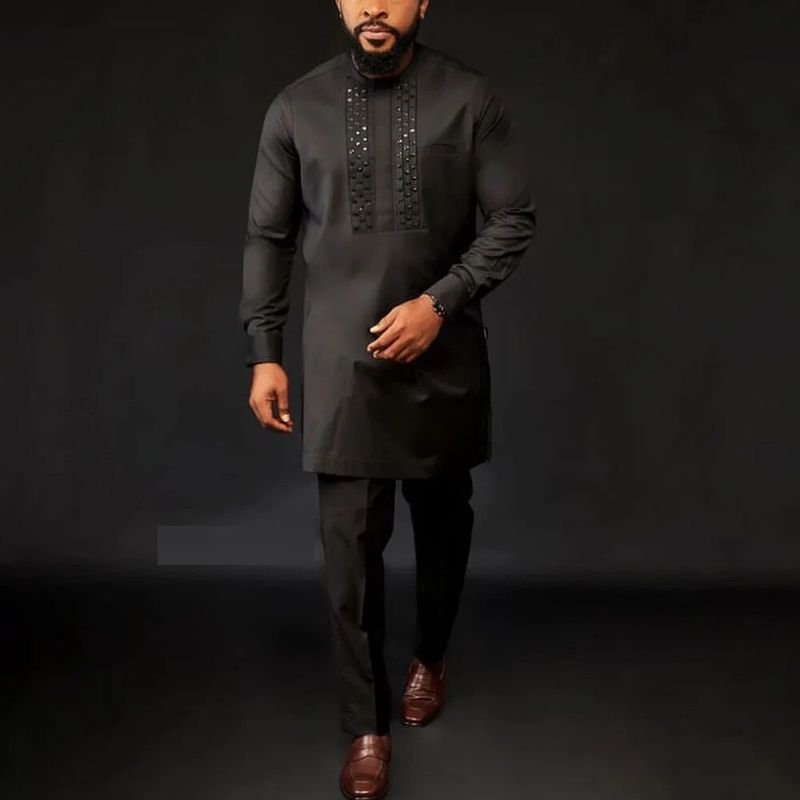 Man Sets Outfit Wedding Africa Beaded Long-sleeved Top Pants Kaftan Traditional Clothing Costoumes Ethnic Casual Men's_autovado.com