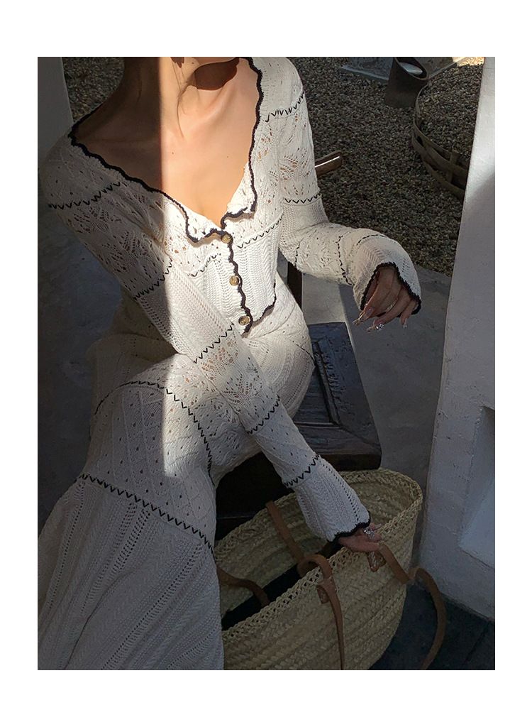 Women's Clothing hollow knitted top skirt two piece suit fashionable and age reducing temperament early spring wear a complete set_autovado.com