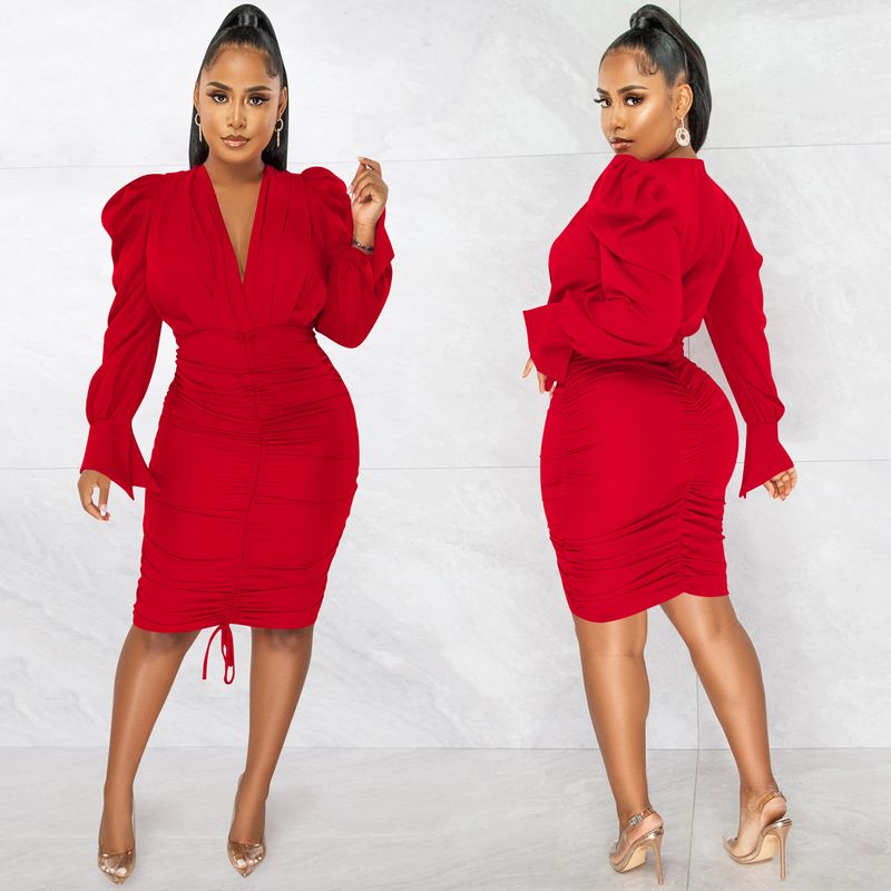Women's Clothing fashion casual solid color long-sleeved pleated V-neck dress for women_autovado.com