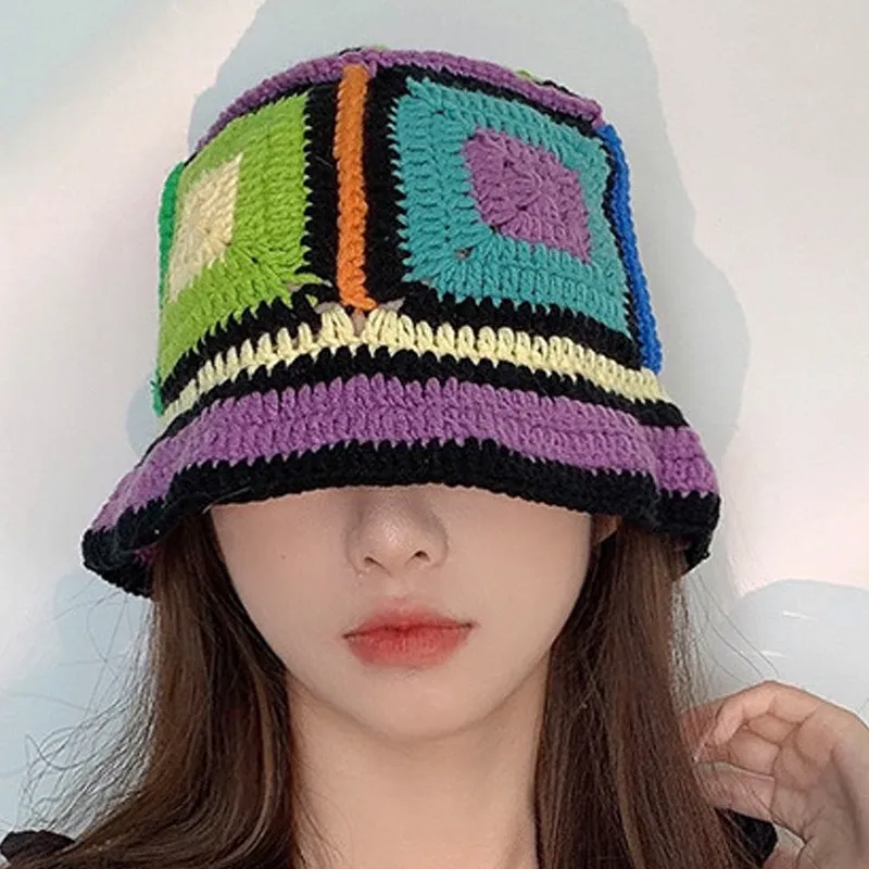 Hot Sale 2024 Colorful New Women Girl Handmade Crochet Bucket Hats Y2k Fashion Summer Beach Korean Hollow Knitted Hat_autovado.com