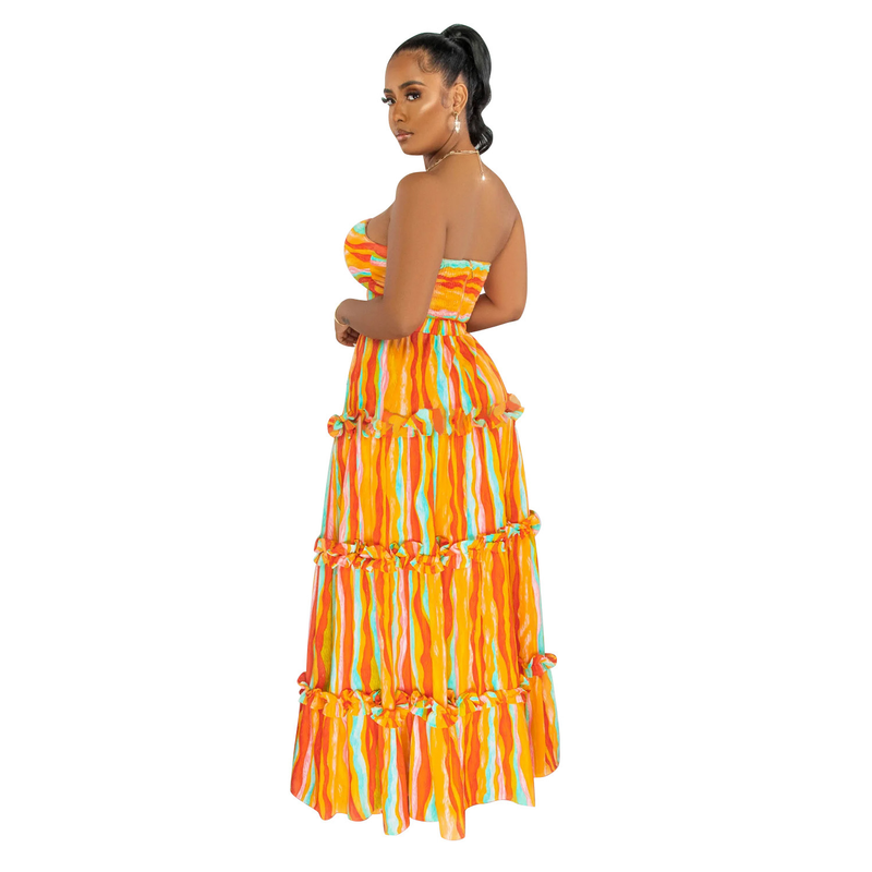 Women's Clothing fashion women's sleeveless tube top striped printed long skirt two-piece set_autovado.com