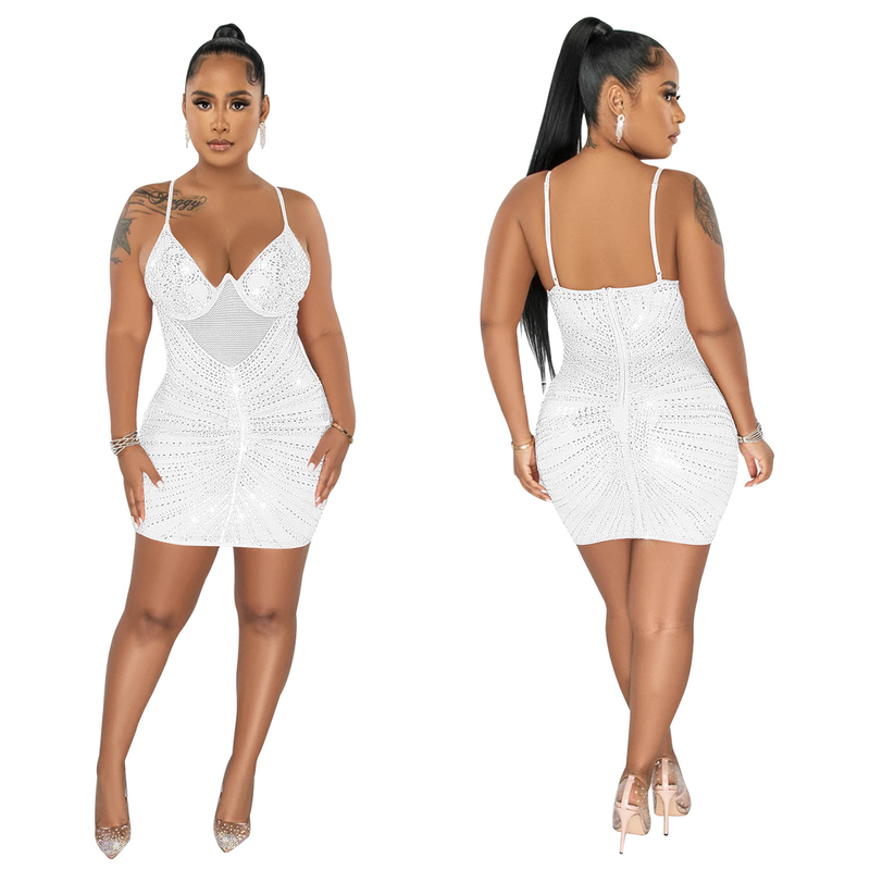 Women's hot diamond mesh suspender sleeveless short skirt dress_autovado.com
