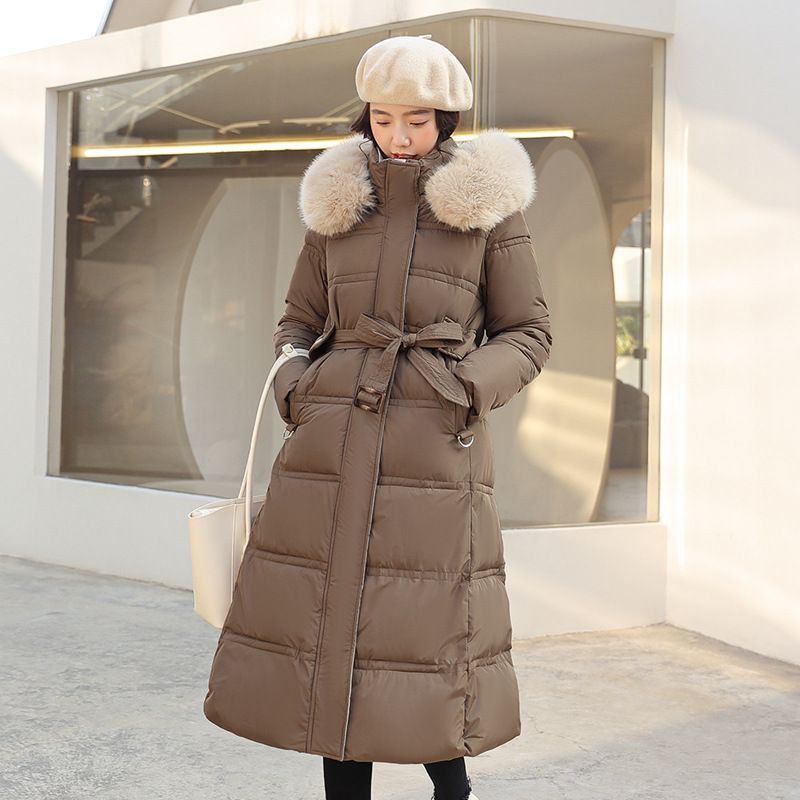 Women's Clothing Winter New Cotton Jacket Large Fur Collar Medium Length Slim Belt Slim Temperament Down Cotton Jacket Women's Jacket_autovado.com