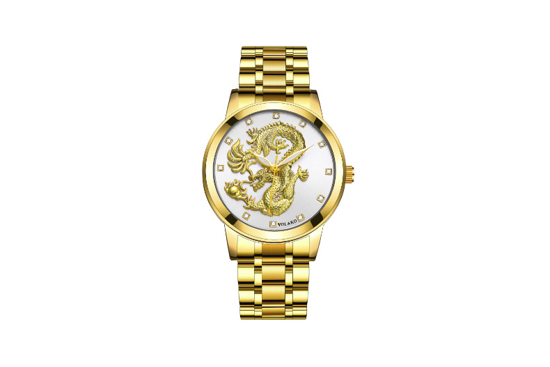 Men's Quartz Watch Men's Watch Diamond Yellow Gold Luminous Waterproof Steel Belt Relief Dragon Totem Watch_autovado.com