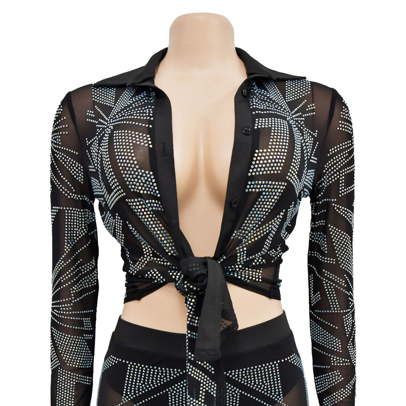 Women's Clothing fashion women's solid color mesh hot diamond long-sleeved trousers two-piece set_autovado.com