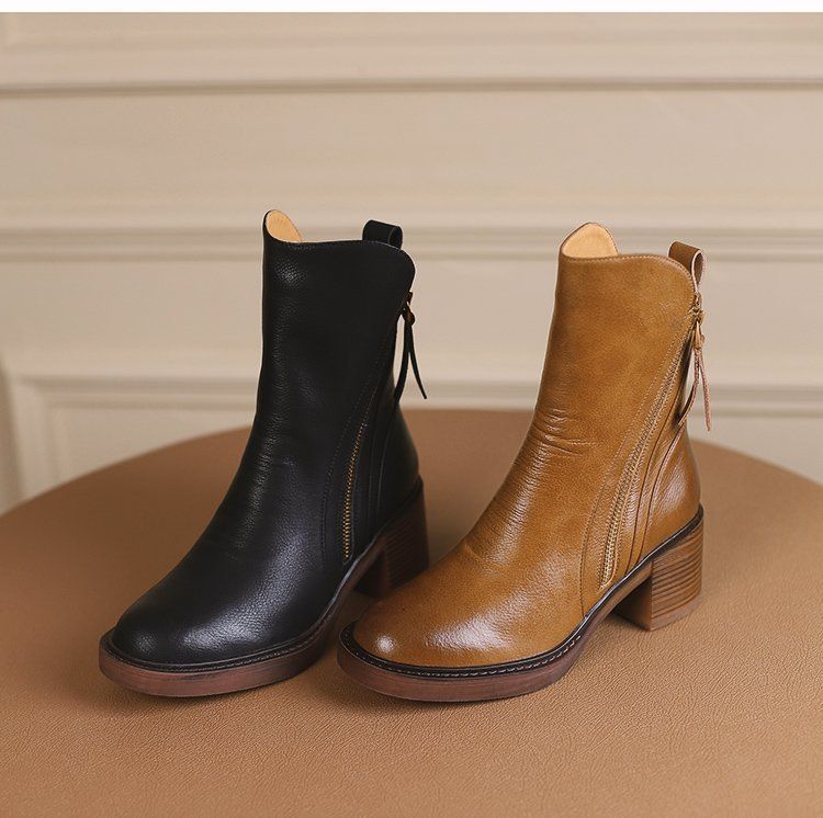 Vintage wind tube side zipper Martin boots new chunky heel fashion trend women's boots_autovado.com
