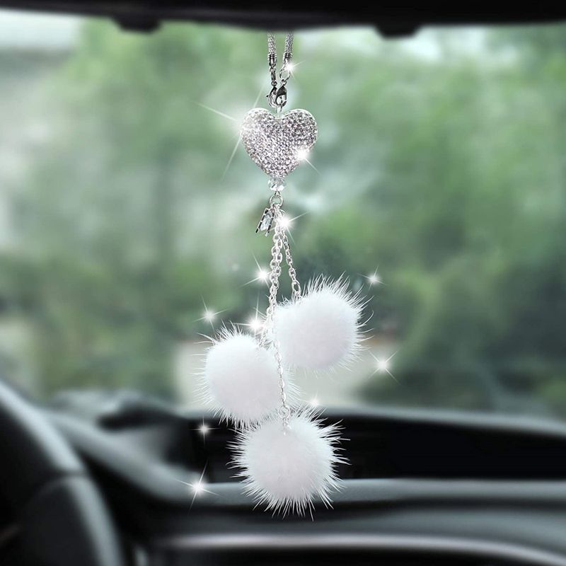 New Heart Hair Ball Rearview Mirror Decoration Car Diamond Pendant Female_autovado.com