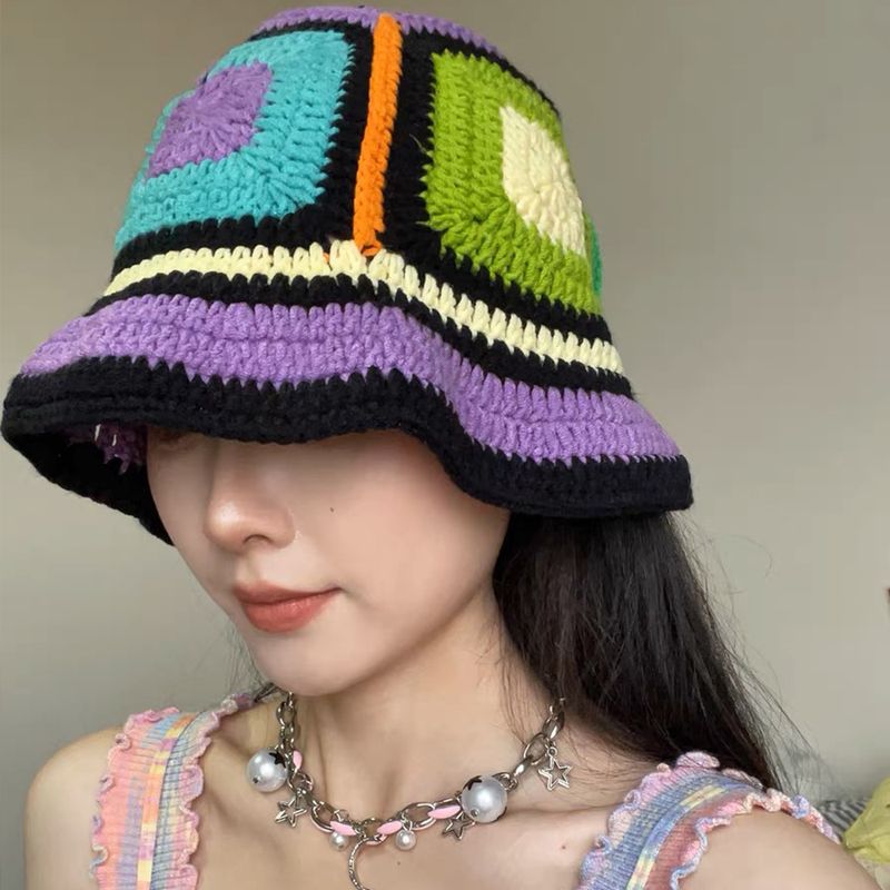 Hot Sale 2024 Colorful New Women Girl Handmade Crochet Bucket Hats Y2k Fashion Summer Beach Korean Hollow Knitted Hat_autovado.com