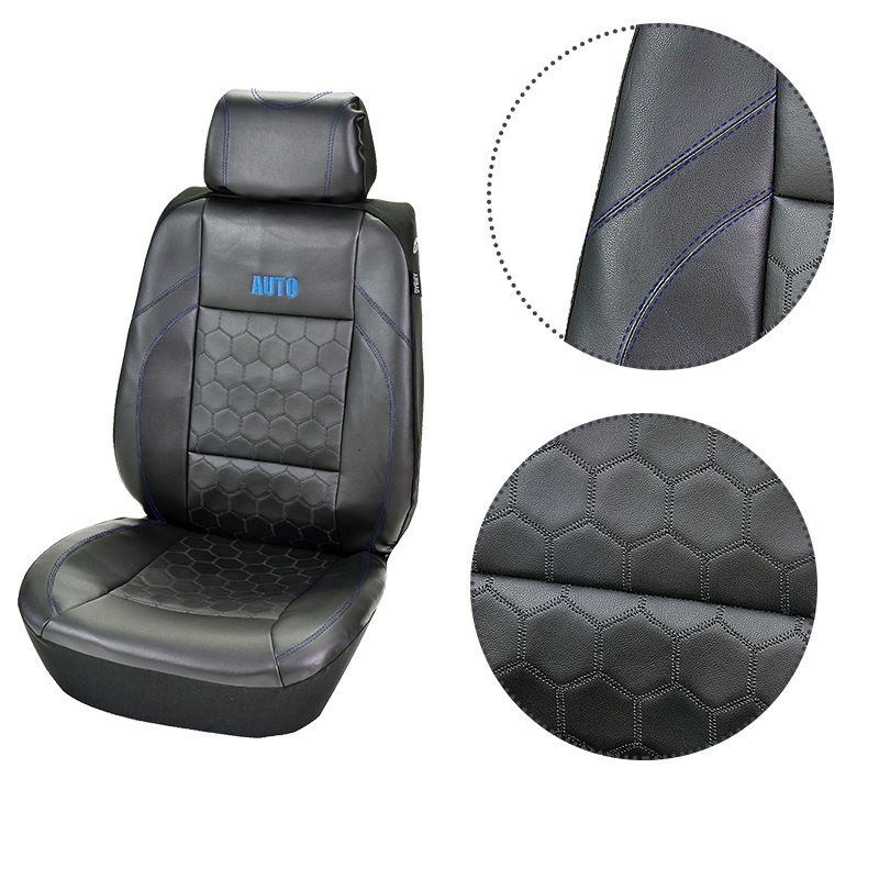 Two front car seat covers black football embroidery PVC splicing black PVC three-dimensional pressure line_autovado.com