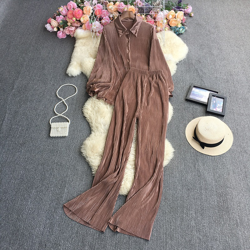 Women's Fashion Clean Color Shirt Two-piece Set Of High Waist Vertical Vertical Wide Leg Pants_autovado.com