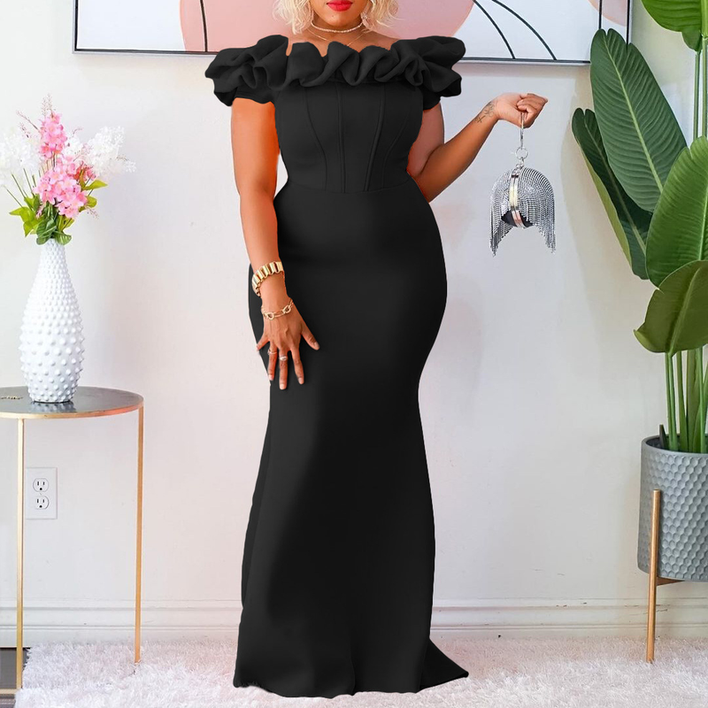 Women's Clothing new solid color fishtail skirt fungus edge slim evening dress_autovado.com