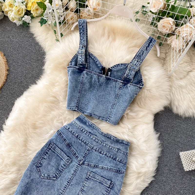 Women Sexy short camisole vest high waisted denim skirt_autovado.com