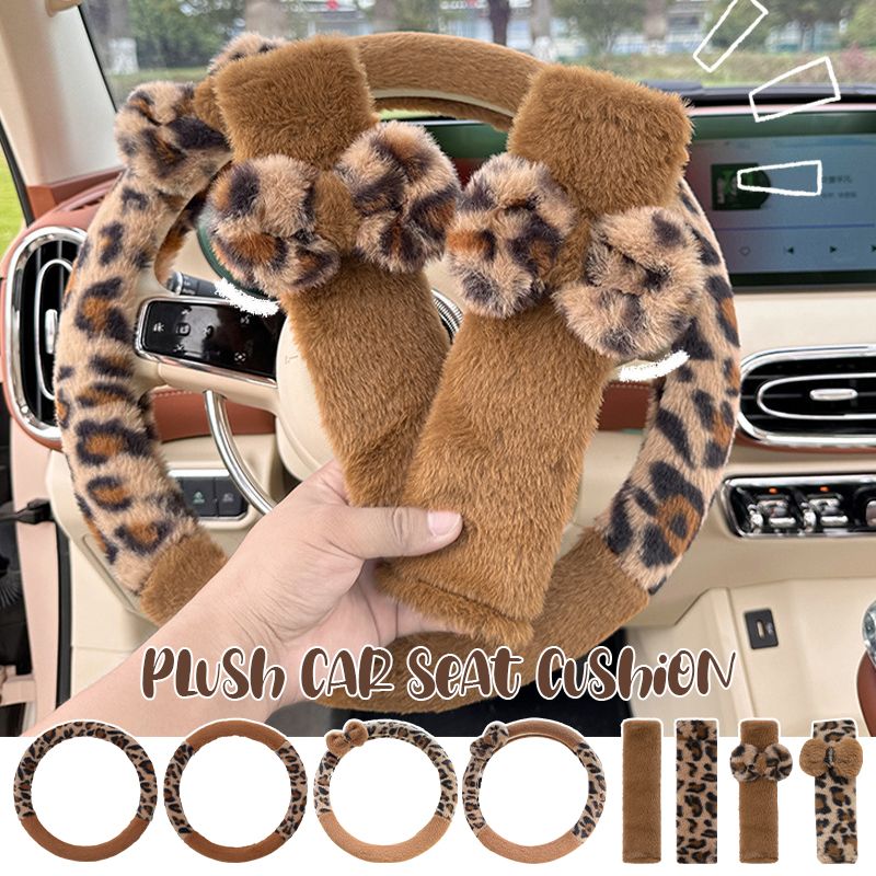 Fashion Print Car Soft Plush Leopard Steering Wheel Cover Winter Women Auto Interior Accessories Seat Pad_autovado.com
