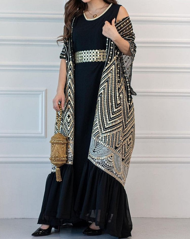 Women's printing fashionable urban casual bat-sleeve pleated vest printed with belt two-piece set_autovado.com