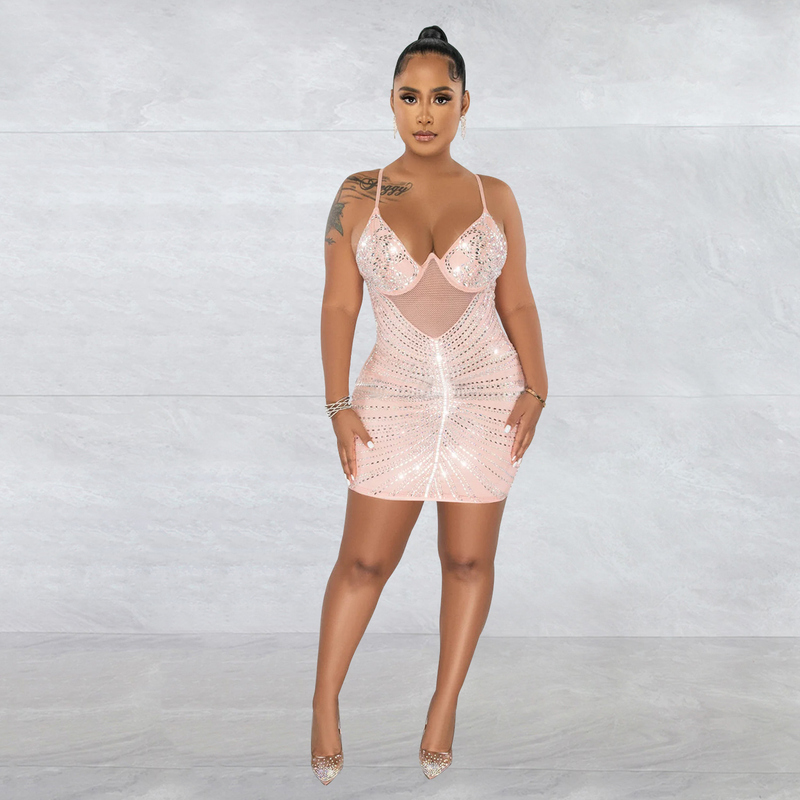 Women's hot diamond mesh suspender sleeveless short skirt dress_autovado.com