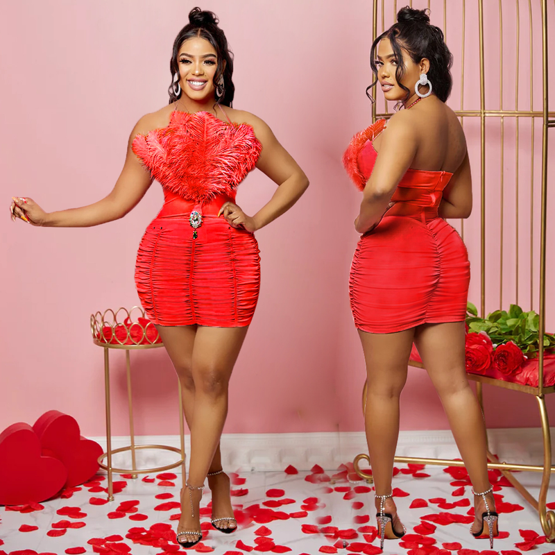 Women's solid color feather tube top sleeveless short skirt dress_autovado.com