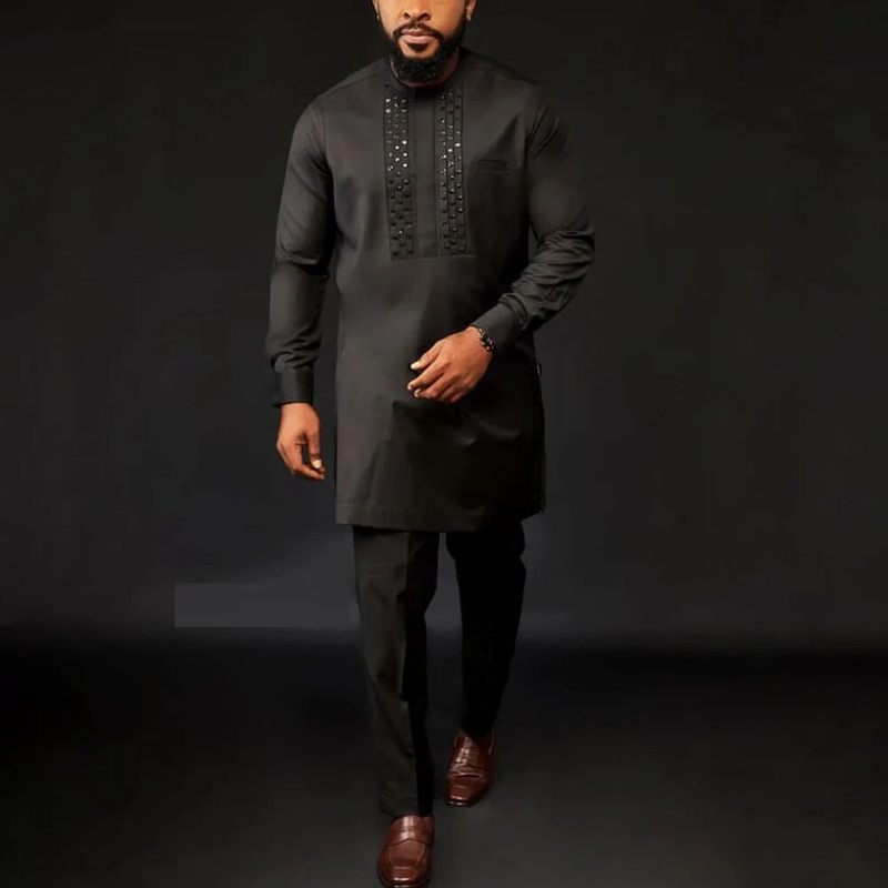 Man Sets Outfit Wedding Africa Beaded Long-sleeved Top Pants Kaftan Traditional Clothing Costoumes Ethnic Casual Men's_autovado.com
