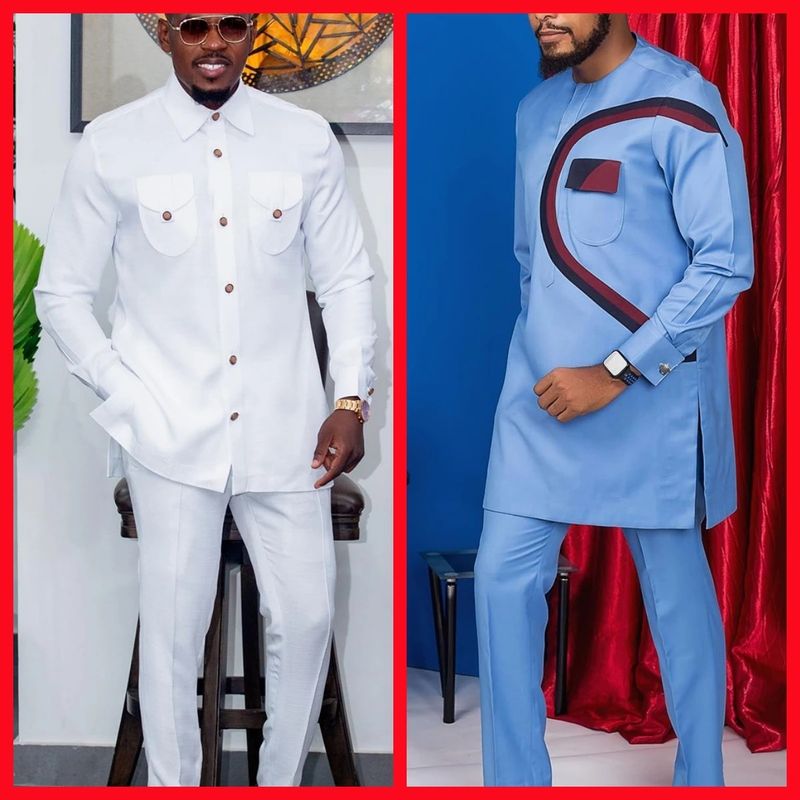 New Men's Tenos Wedding 2-Piece Suit Waist Pants Shirt Solid Color Panel Long Sleeve Party African Ethnic Style Clothing_autovado.com