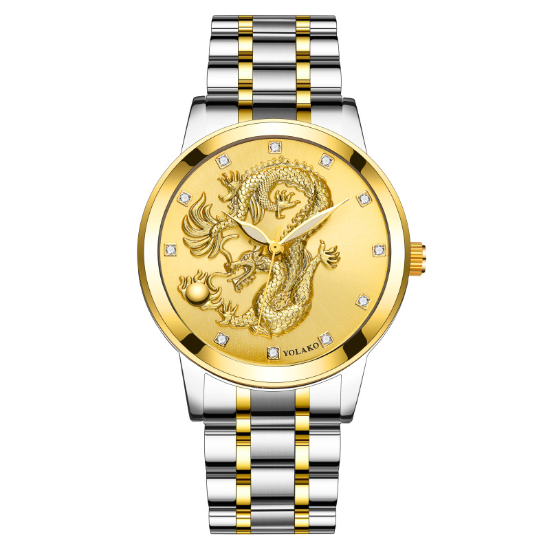 Men's Quartz Watch Men's Watch Diamond Yellow Gold Luminous Waterproof Steel Belt Relief Dragon Totem Watch_autovado.com