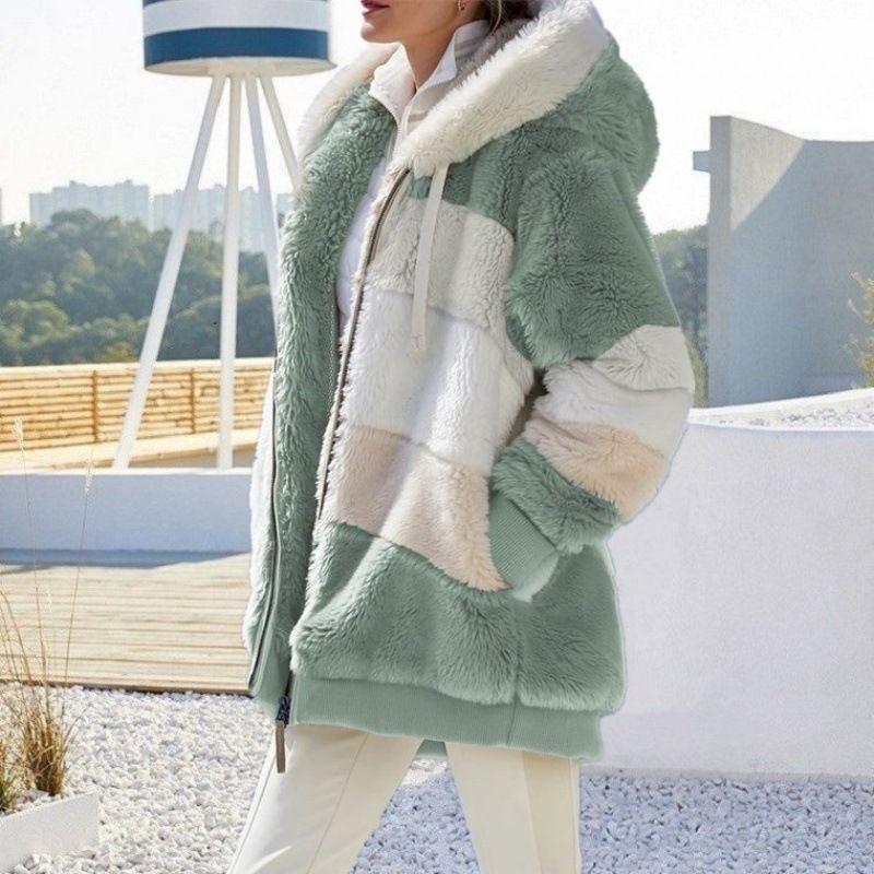 Women's Clothing autumn and winter warm plush patchwork zipper pocket hooded loose coat _autovado.com