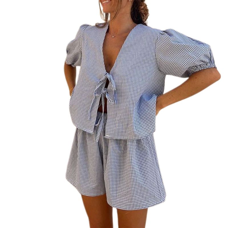 Women's Plaid Striped Elastic Cuffs Casual Fashion Tie Elastic Waist Shorts Set_autovado.com