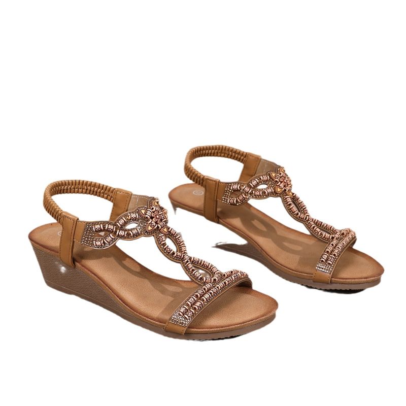 Women's fashion fashion wood bead rhinestone wedge heel comfortable large size sandals_autovado.com
