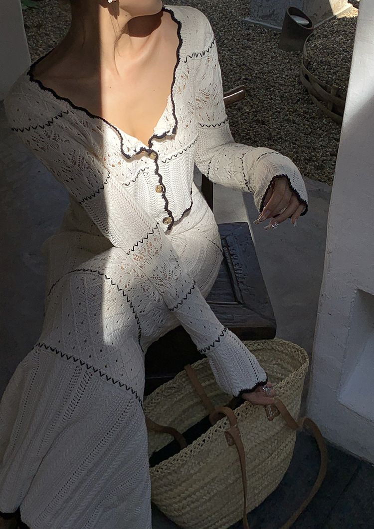 Women's Clothing hollow knitted top skirt two piece suit fashionable and age reducing temperament early spring wear a complete set_autovado.com