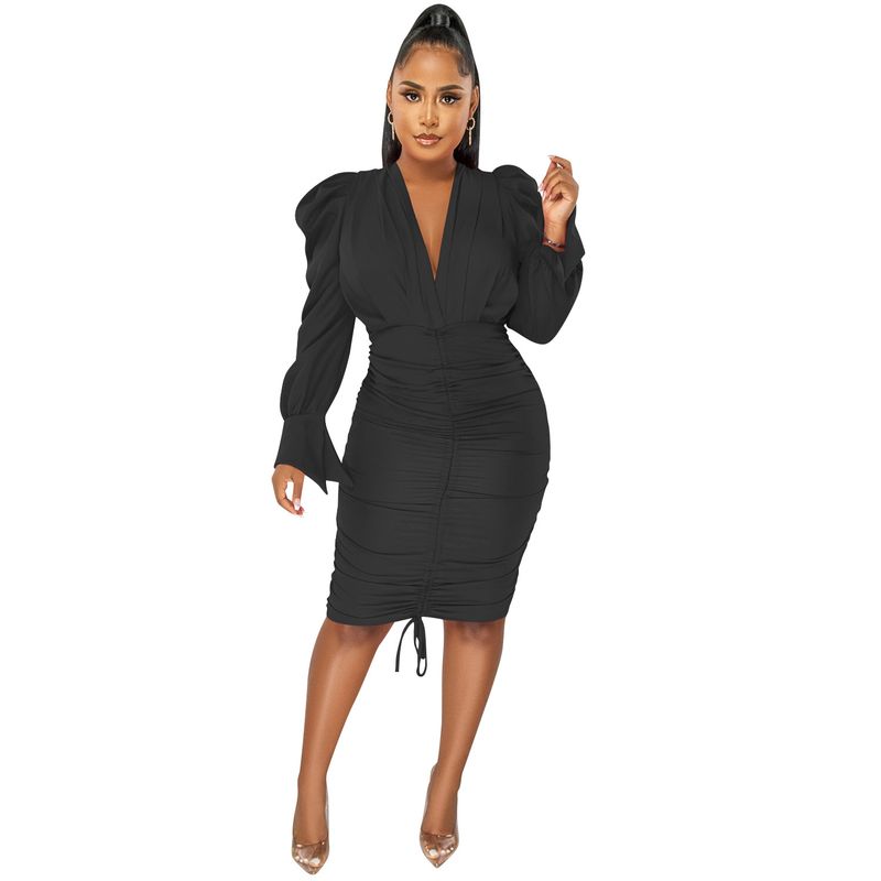 Women's Clothing fashion casual solid color long-sleeved pleated V-neck dress for women_autovado.com